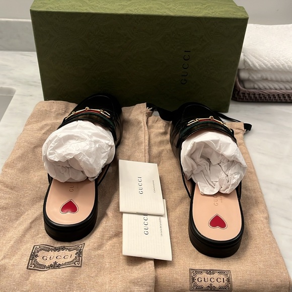 Gucci Princetown Apron Toe Mules with Gold hardware and Green and Red Accents - Picture 13 of 13